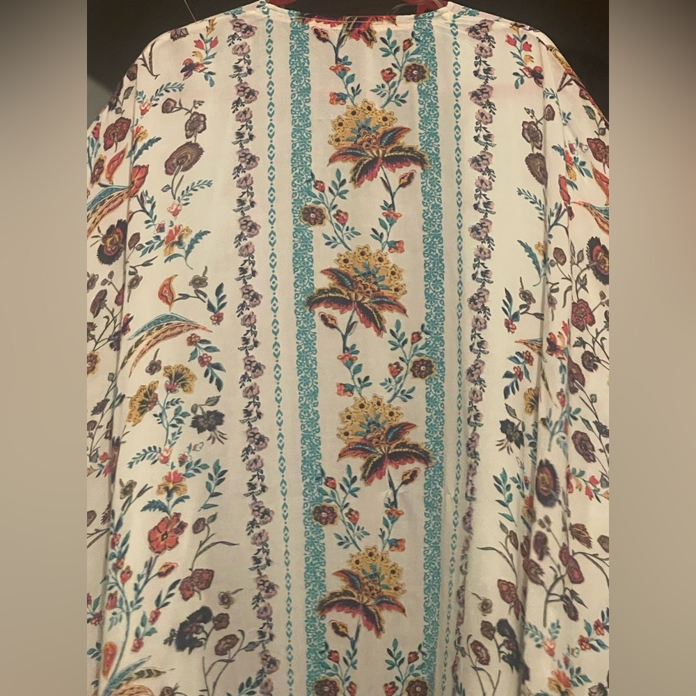 duster cover up Long sleeveless Bohemian floral JKT colorful open front NWOT L